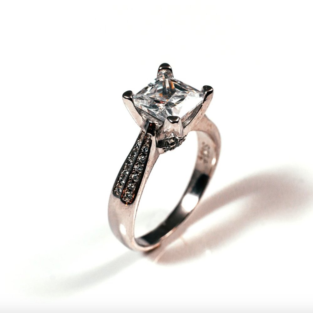 Sterling Silver Princess Cut Diamond Simulant Pave Ring Size 7 - Picture 3 of 3